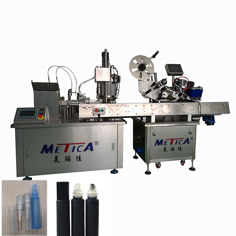 Máquina automática para rellenar botellas con rollo en una bola, con tapón de tapón y etiquetado de aceites esenciales